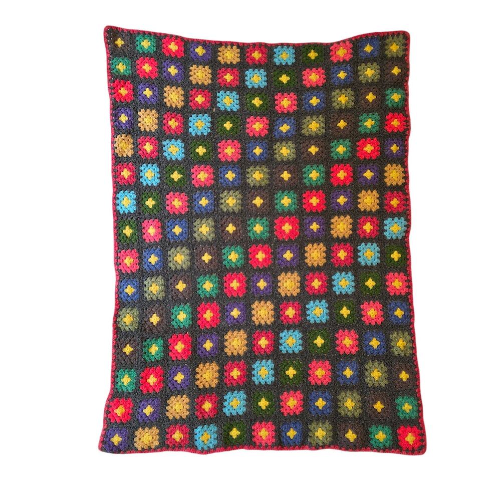 Handmade Crochet Granny Square Blanket Afghan Throw Dark Gray Multicolor 47 X 64